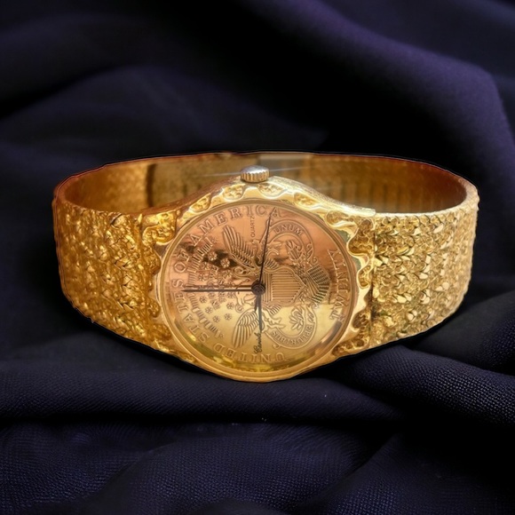 Vintage Caroile USA gold coin face nugget band watch - Picture 1 of 7